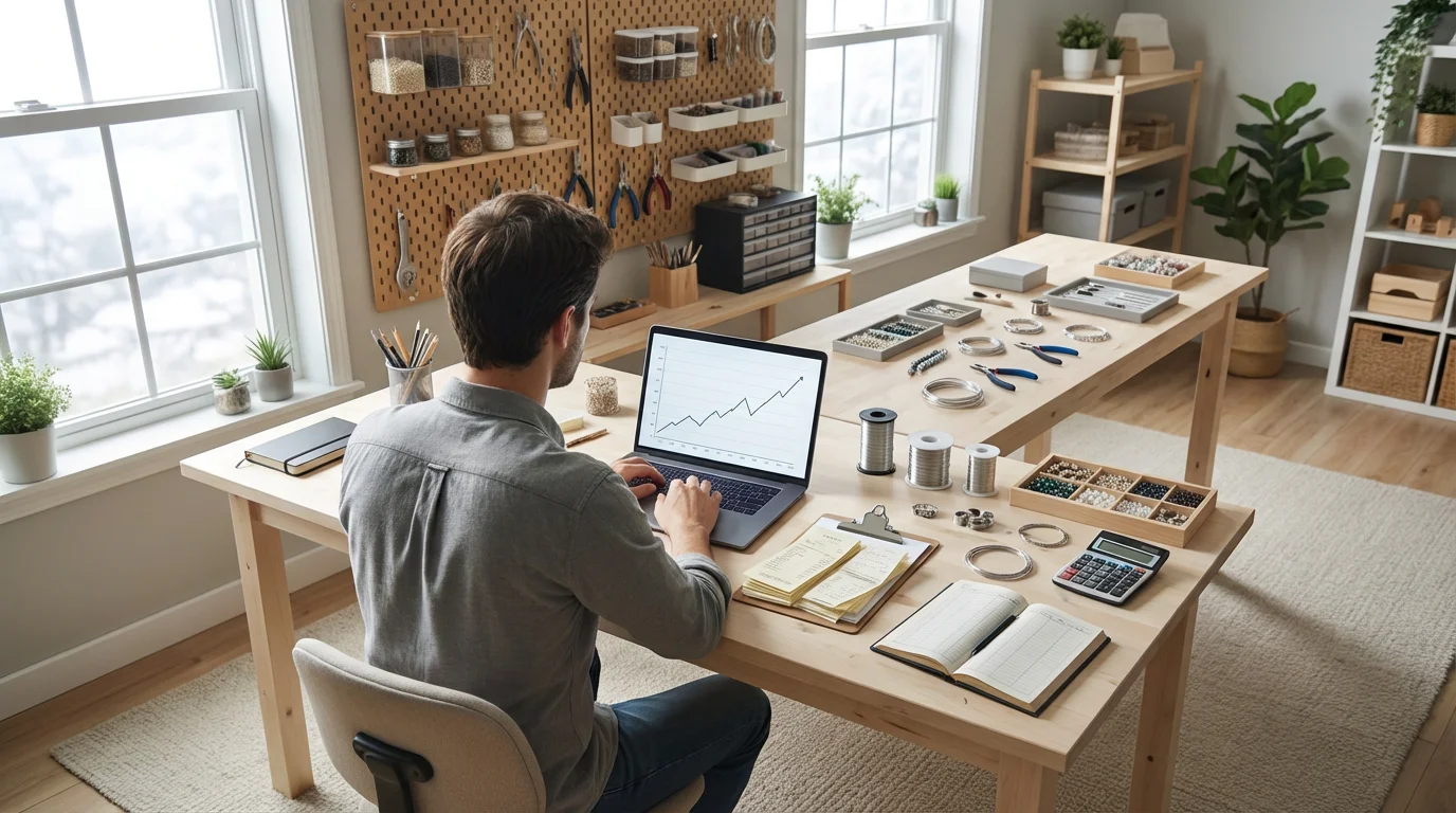 A jewelry maker at a workbench with a laptop, calculator, and business receipts.