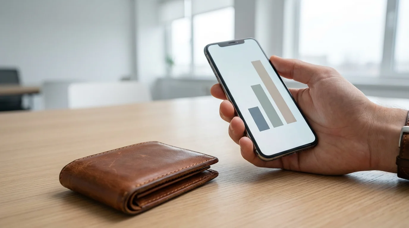 A leather wallet on a desk next to a phone displaying a bar graph.
