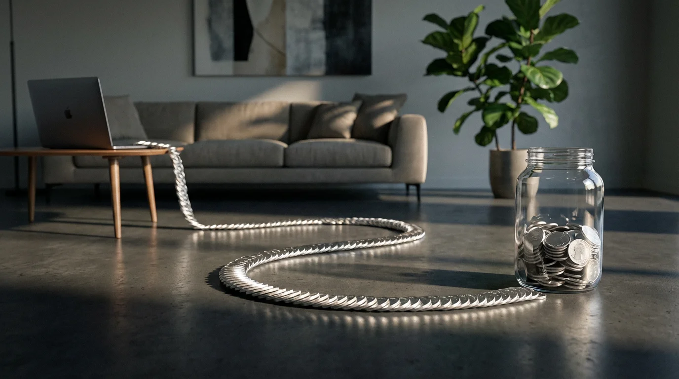 A line of coins snakes across a modern floor from a laptop to a jar.