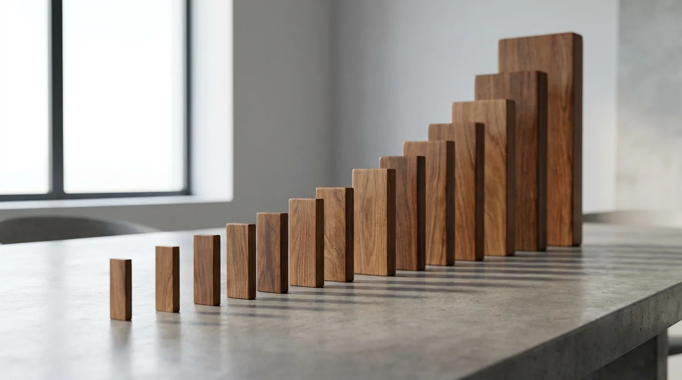 A line of progressively larger wooden dominoes on a table representing growth.