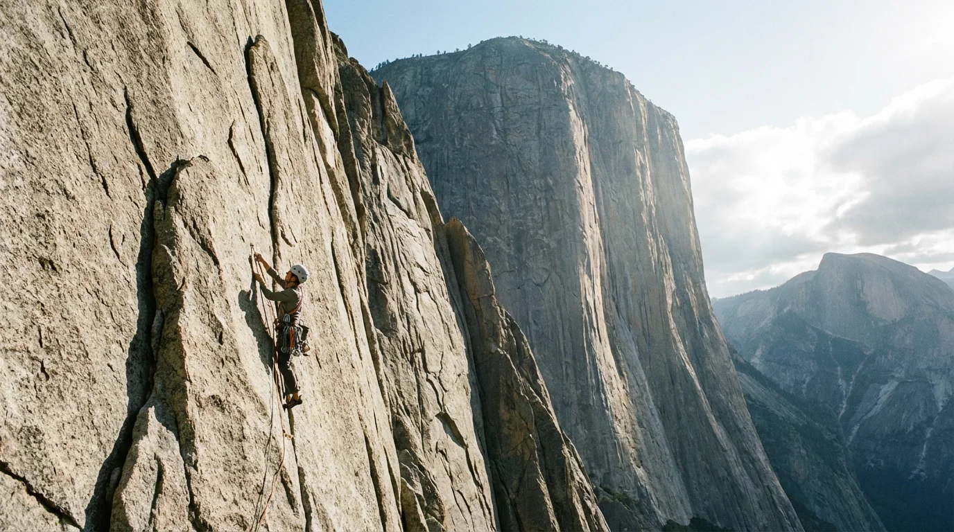 A lone rock climber scaling a massive mountain, symbolizing tackling a large, difficult challenge.