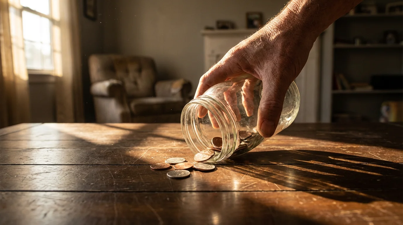 A low angle photo of a hand emptying the last few coins from a jar.