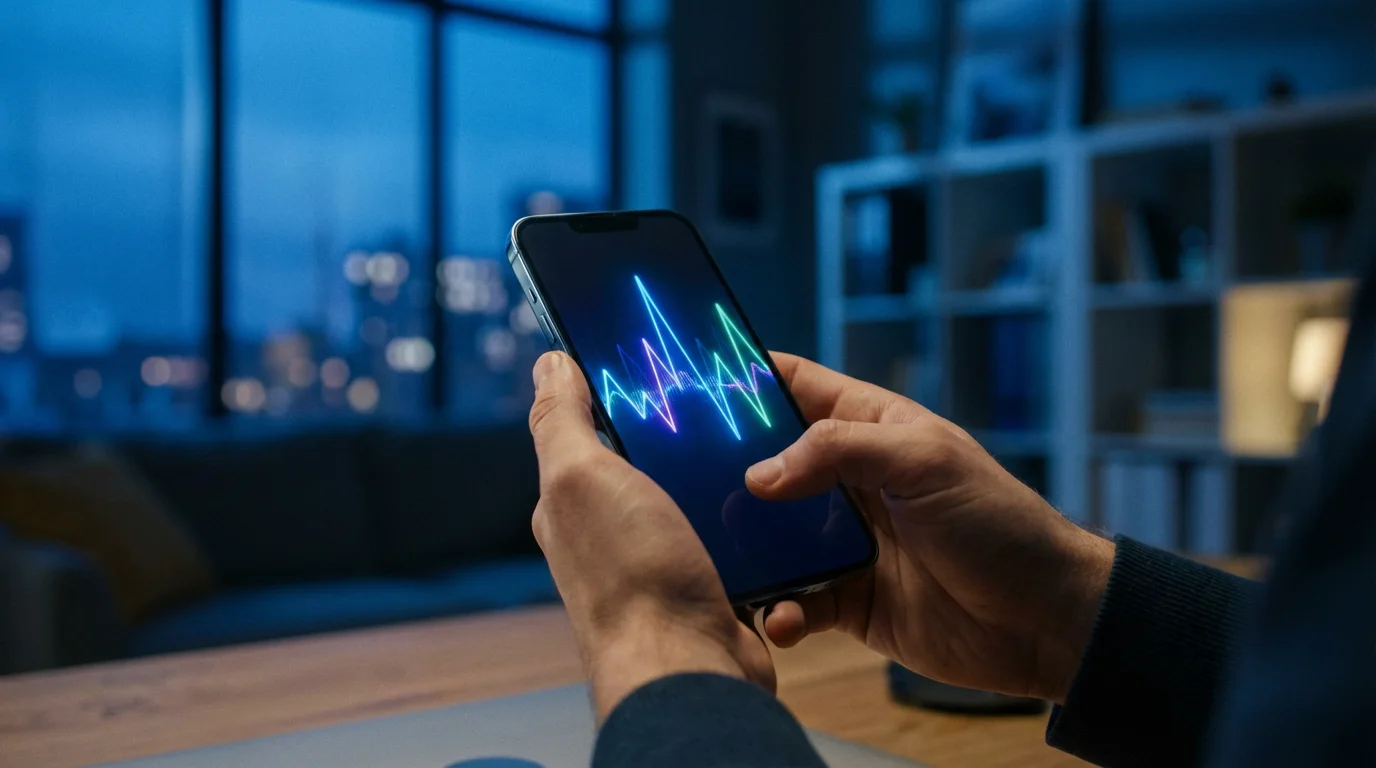 A low-angle photo of hands holding a smartphone showing a fluctuating graph during blue hour.