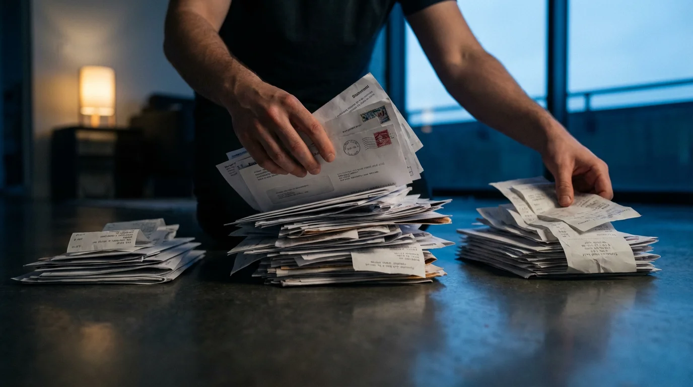 A low angle photo of hands sorting papers into piles on a floor at dusk.