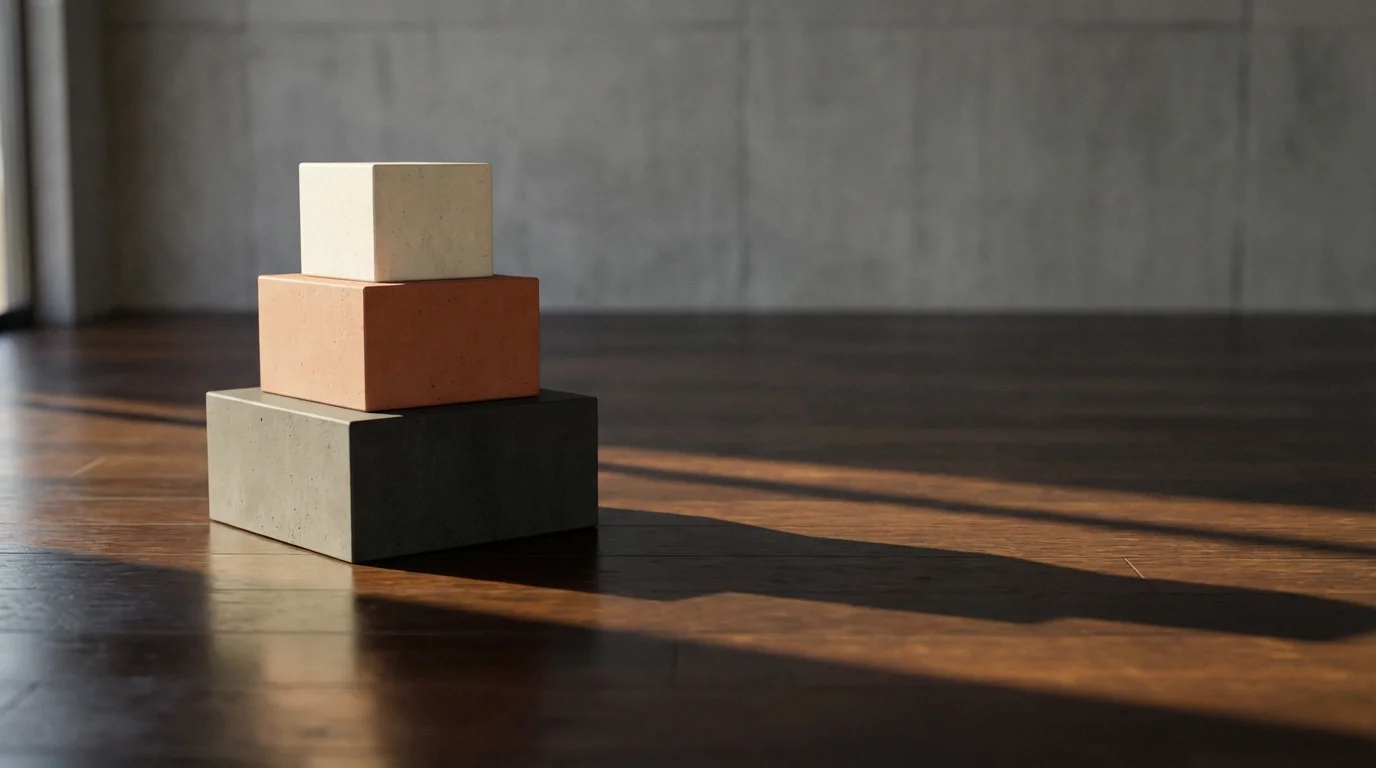 A low-angle photo of three stacked concrete blocks creating long afternoon shadows.