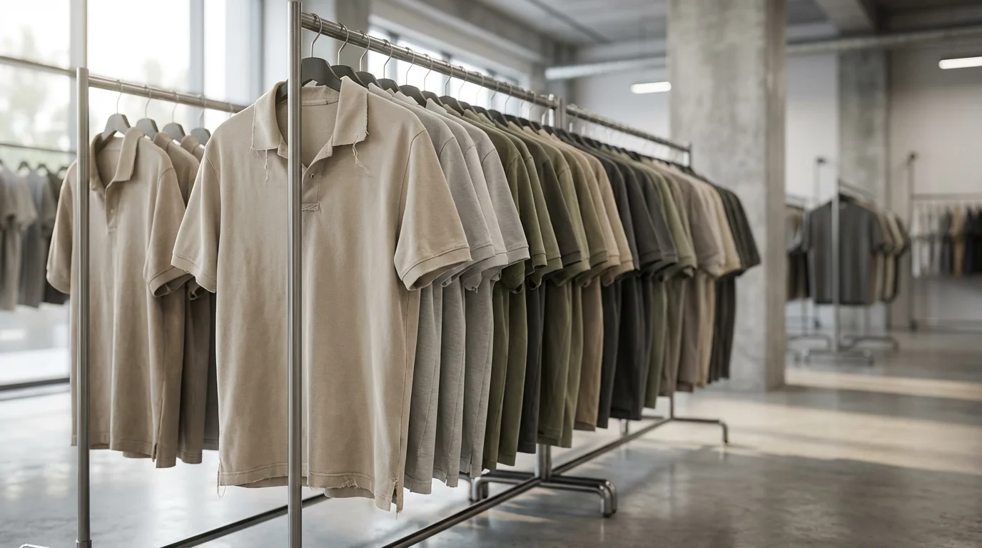 A low angle photograph of a clothing rack in a bright, modern outlet store.