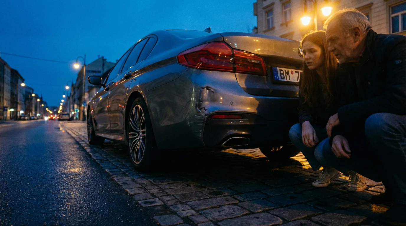 A low angle photograph of a dented car with two worried people at dusk.