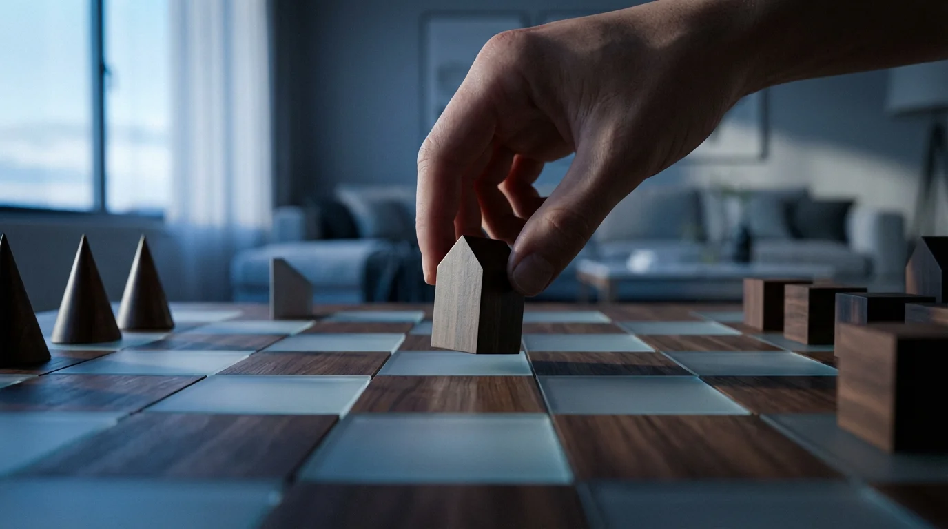 A low angle photograph of a hand moving a house-shaped piece on a chessboard.