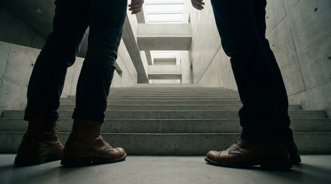 A low angle photograph of a person's feet at the bottom of a huge concrete staircase.