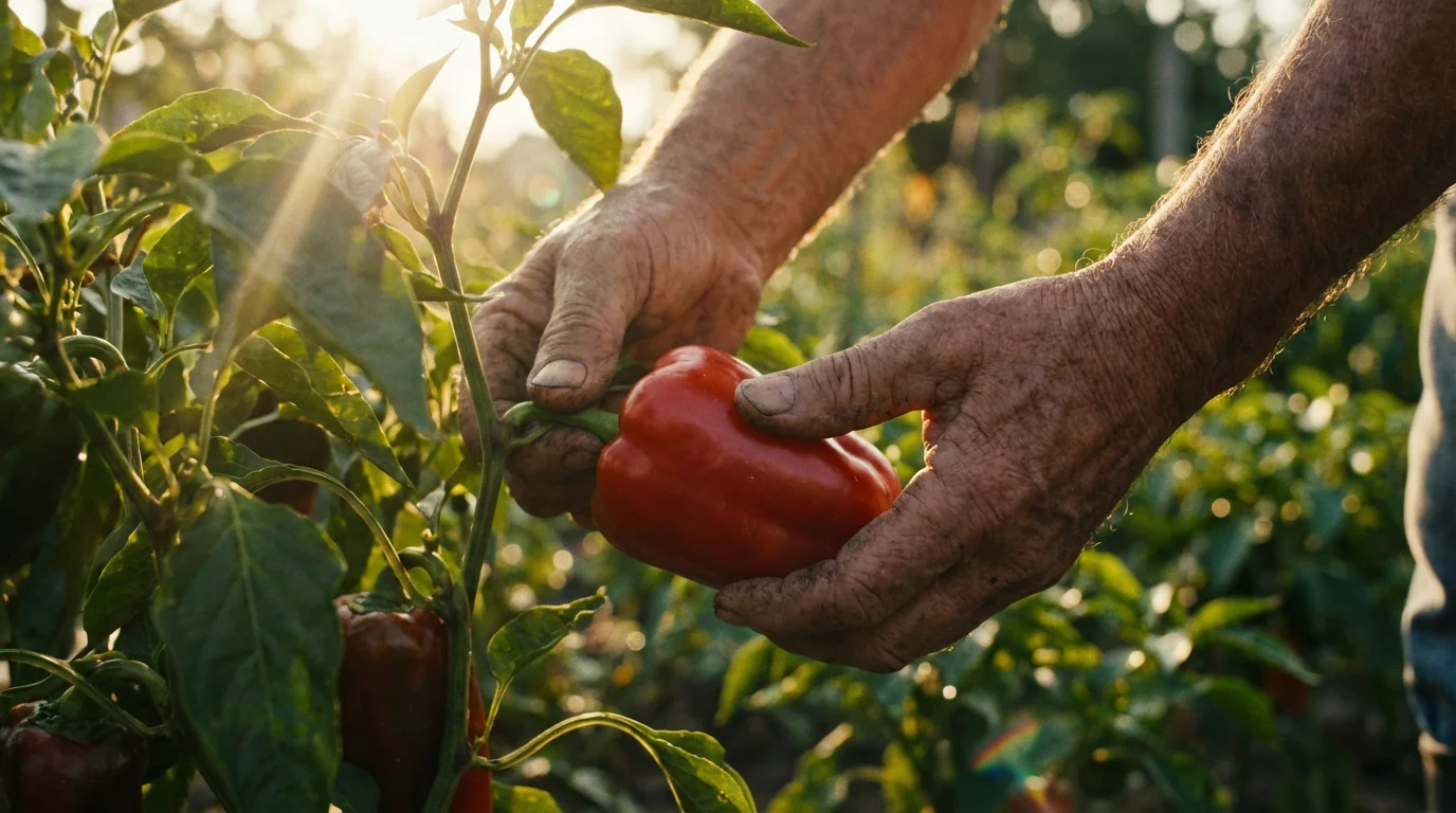 A low angle photograph of a senior person's hands harvesting vegetables in a garden.