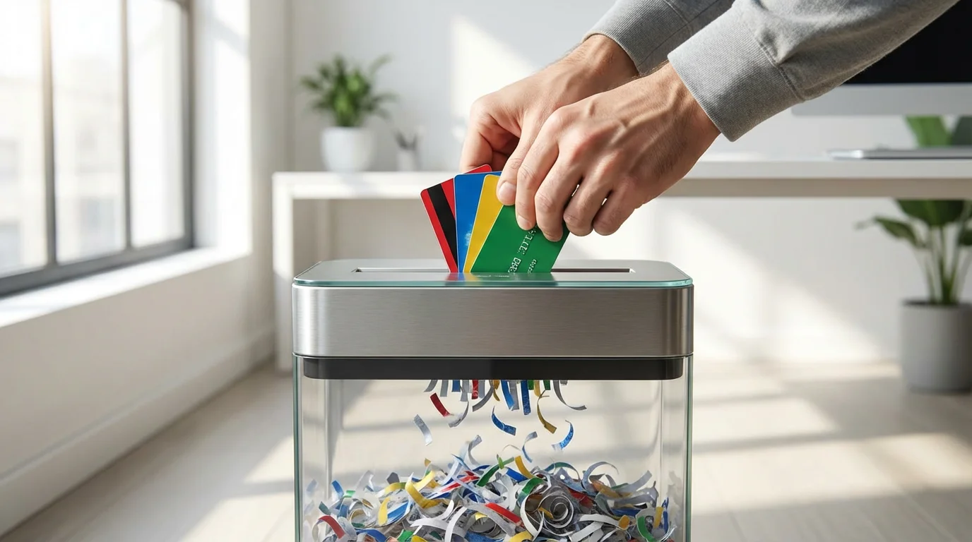 A low angle photograph of hands feeding multiple credit cards into a paper shredder.