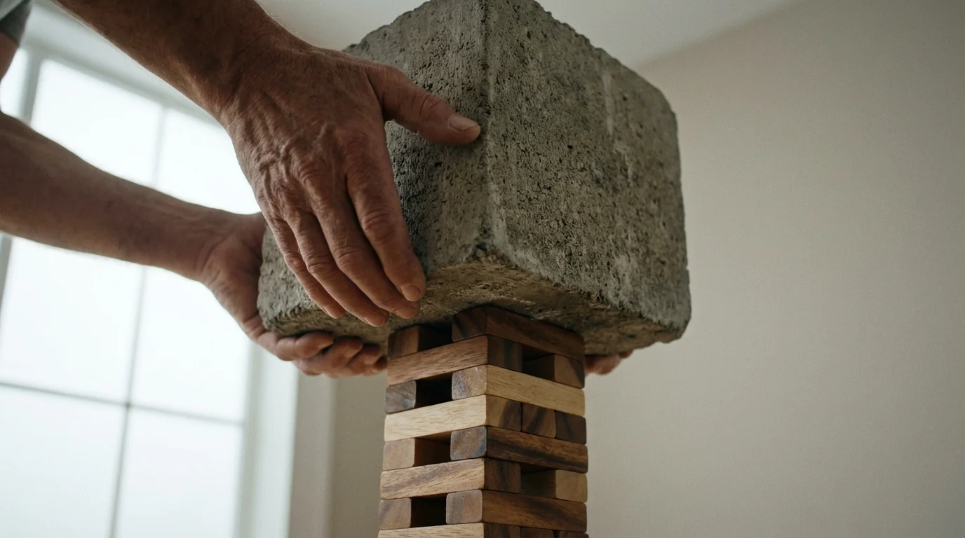 A low angle photograph of hands placing a heavy block on a precarious tower.
