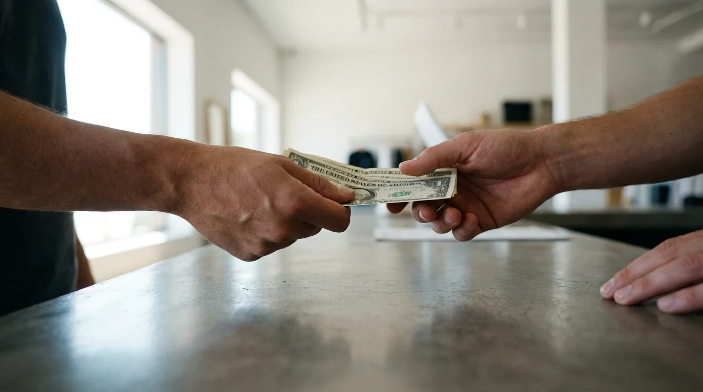 A low angle, photorealistic close-up of hands exchanging cash over a modern countertop.