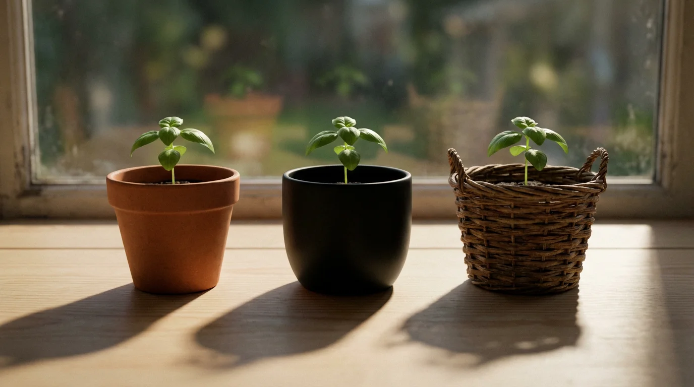 A low angle photorealistic image of three identical seedlings in different types of pots.