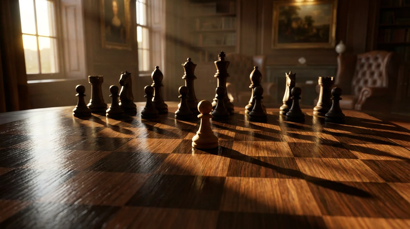 A low angle photorealistic shot of a single chess pawn facing larger opposing pieces.