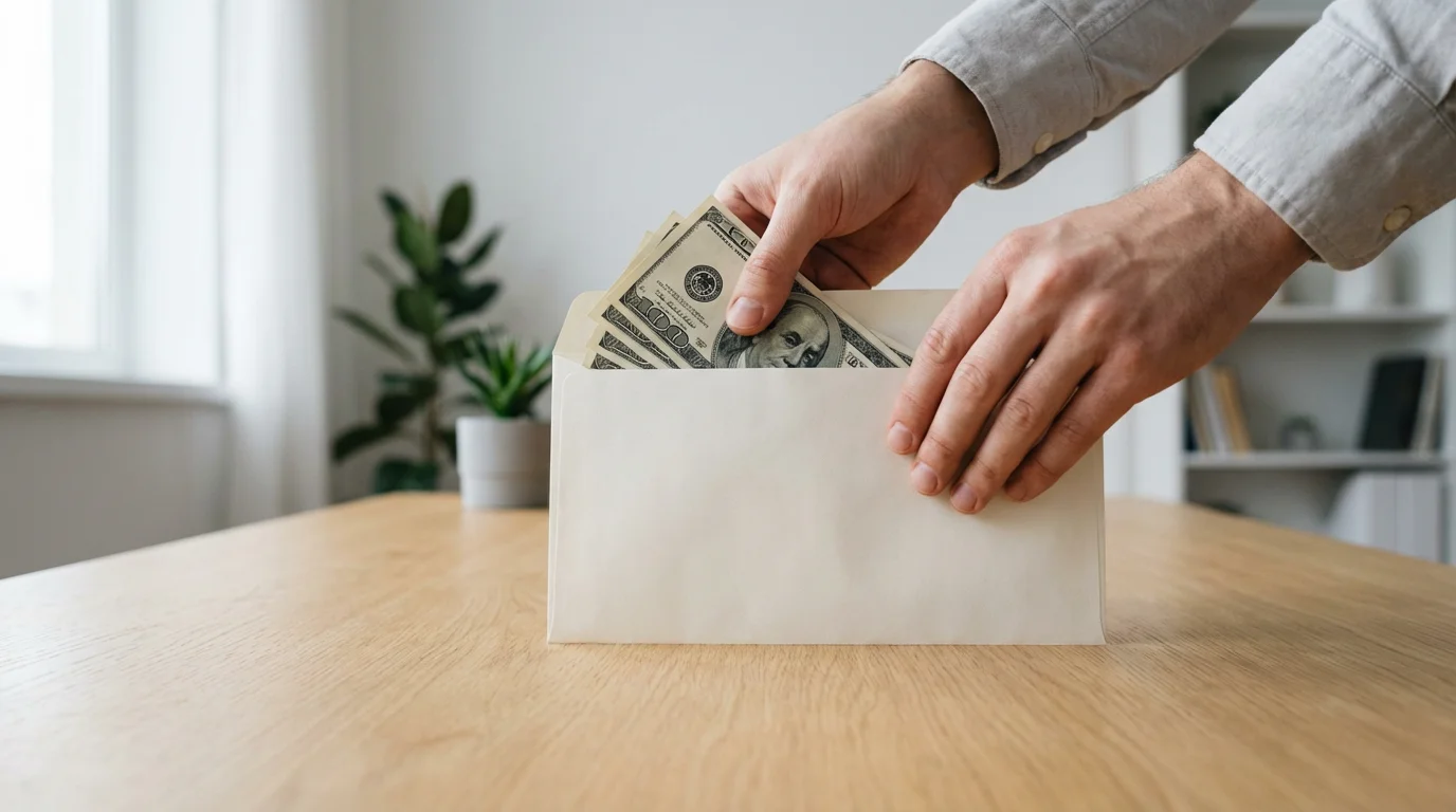 A low angle photorealistic shot of hands putting cash into a simple paper envelope.