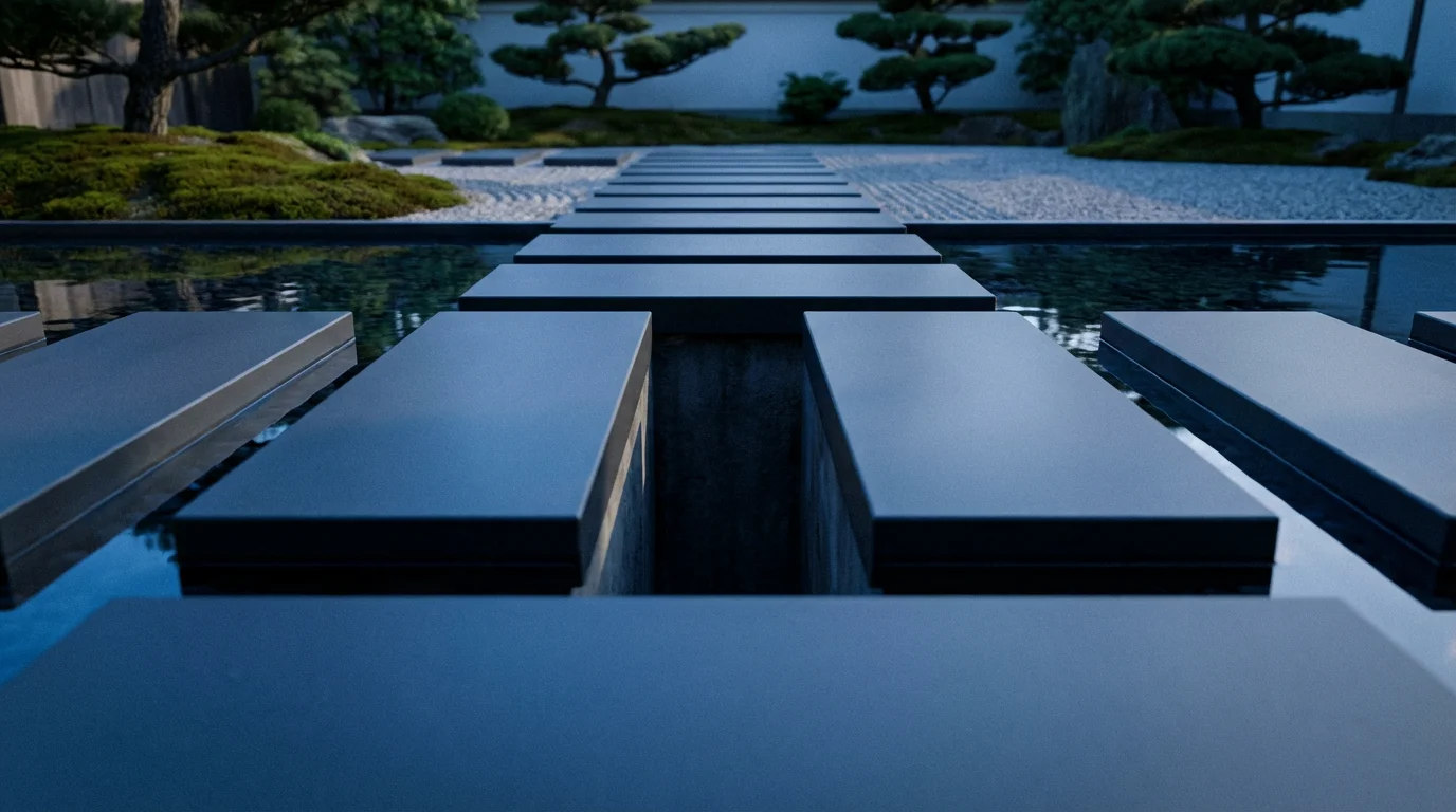A low angle shot of a broken path of modern stepping stones over water.