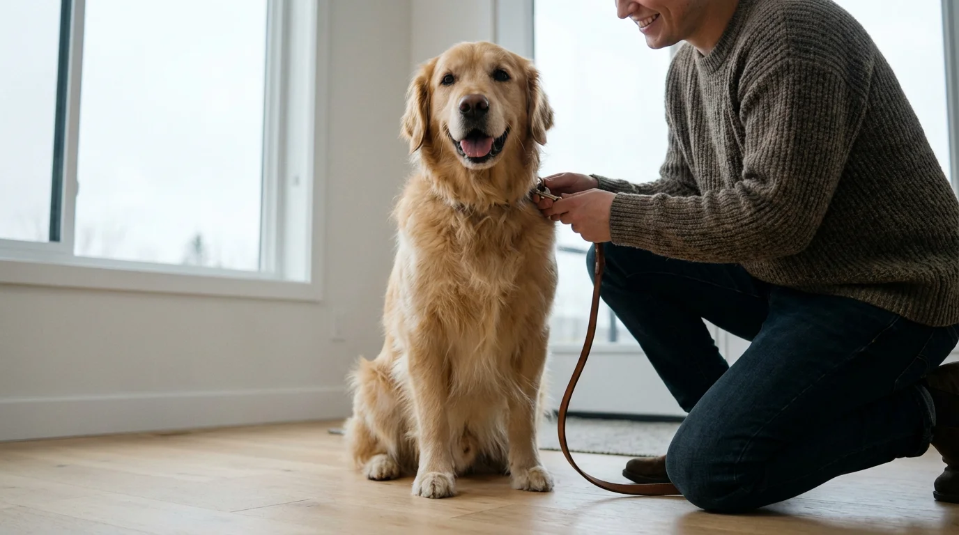 A low angle shot of a person putting a leash on a golden retriever.