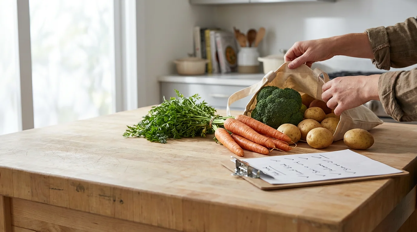 A low-angle shot of a person unpacking fresh vegetables and a grocery list.