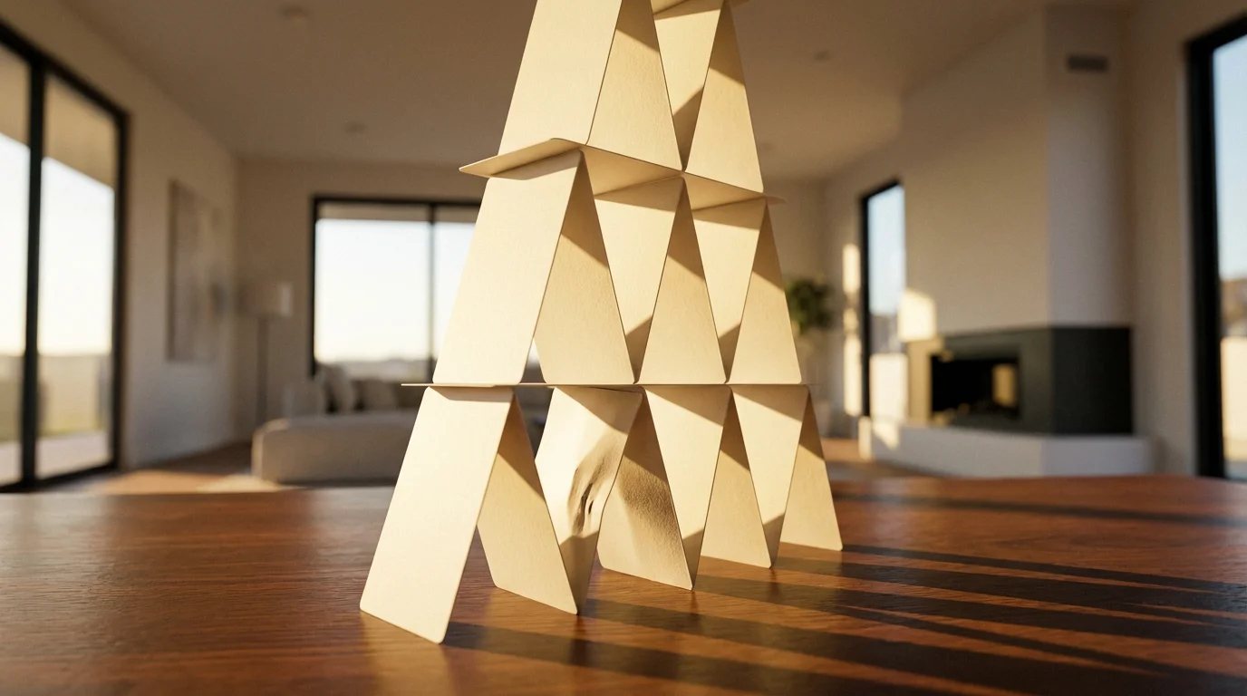 A low angle shot of a precarious house of cards on a table at sunset.