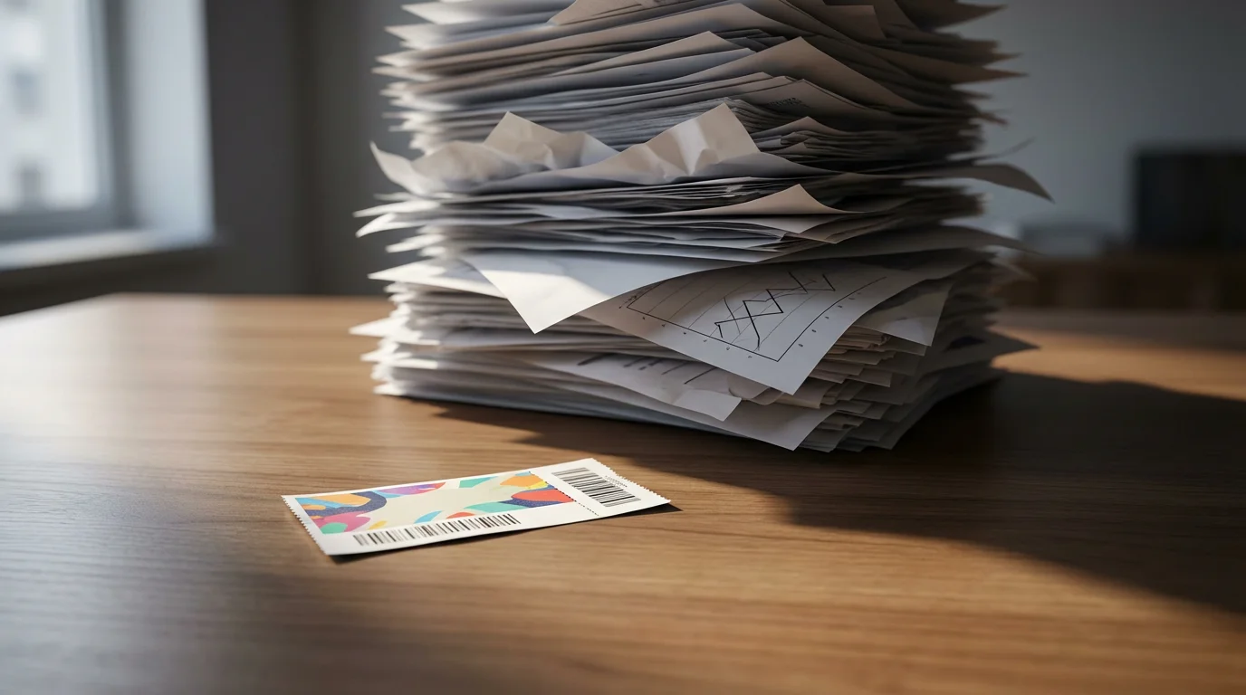 A low angle shot of a tiny coupon dwarfed by a huge, messy pile of papers.