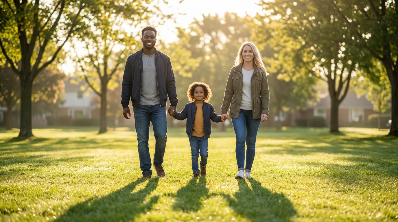 A low angle shot of a young family walking in a park at sunset.