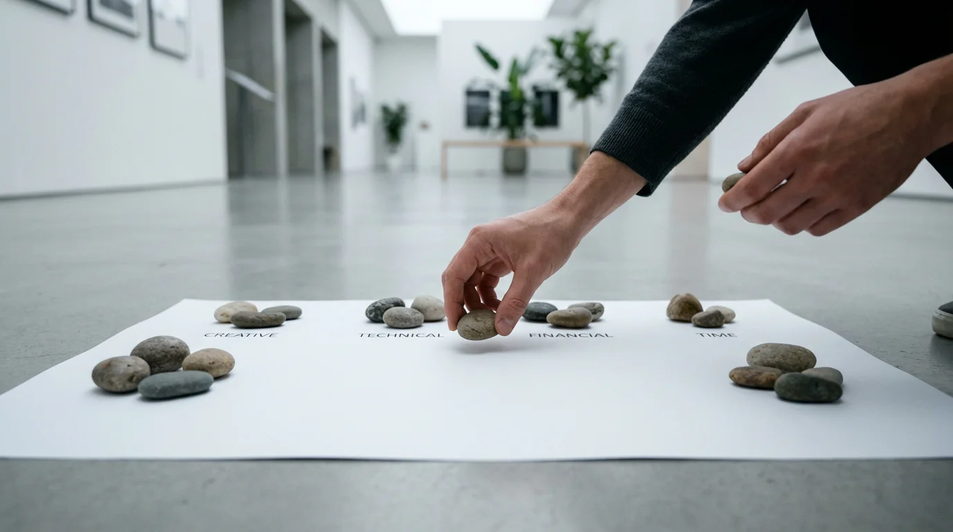 A low angle shot of hands carefully arranging stones into neat piles on paper.