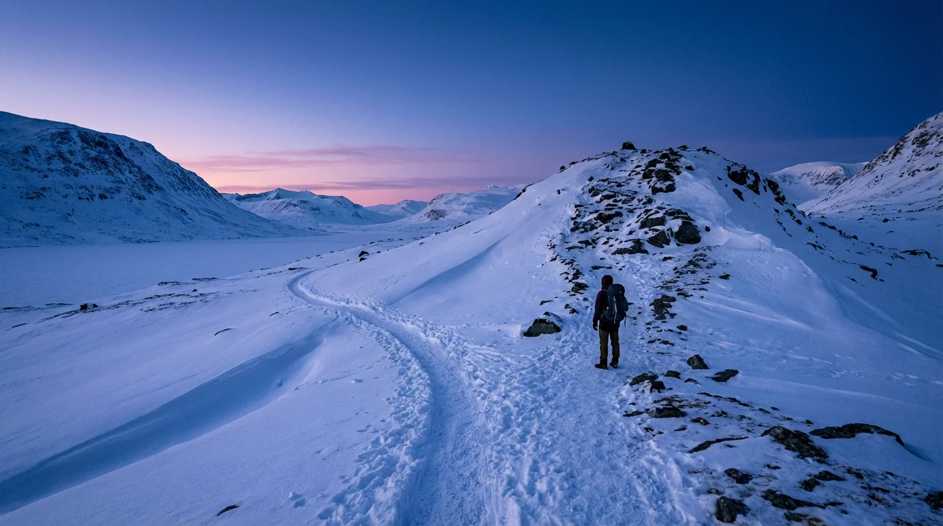 A low angle view of a forked path in a snowy landscape during blue hour.