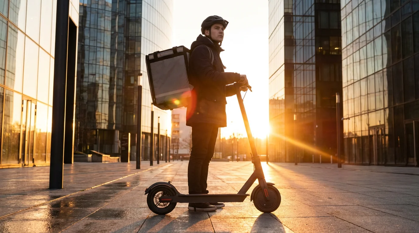A low angle view of a gig worker with an electric scooter at sunset.
