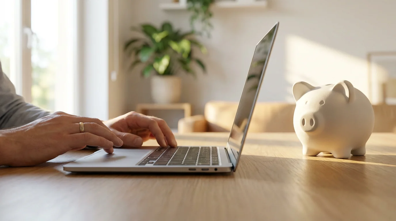 A low angle view of a laptop and a piggy bank on a desk.