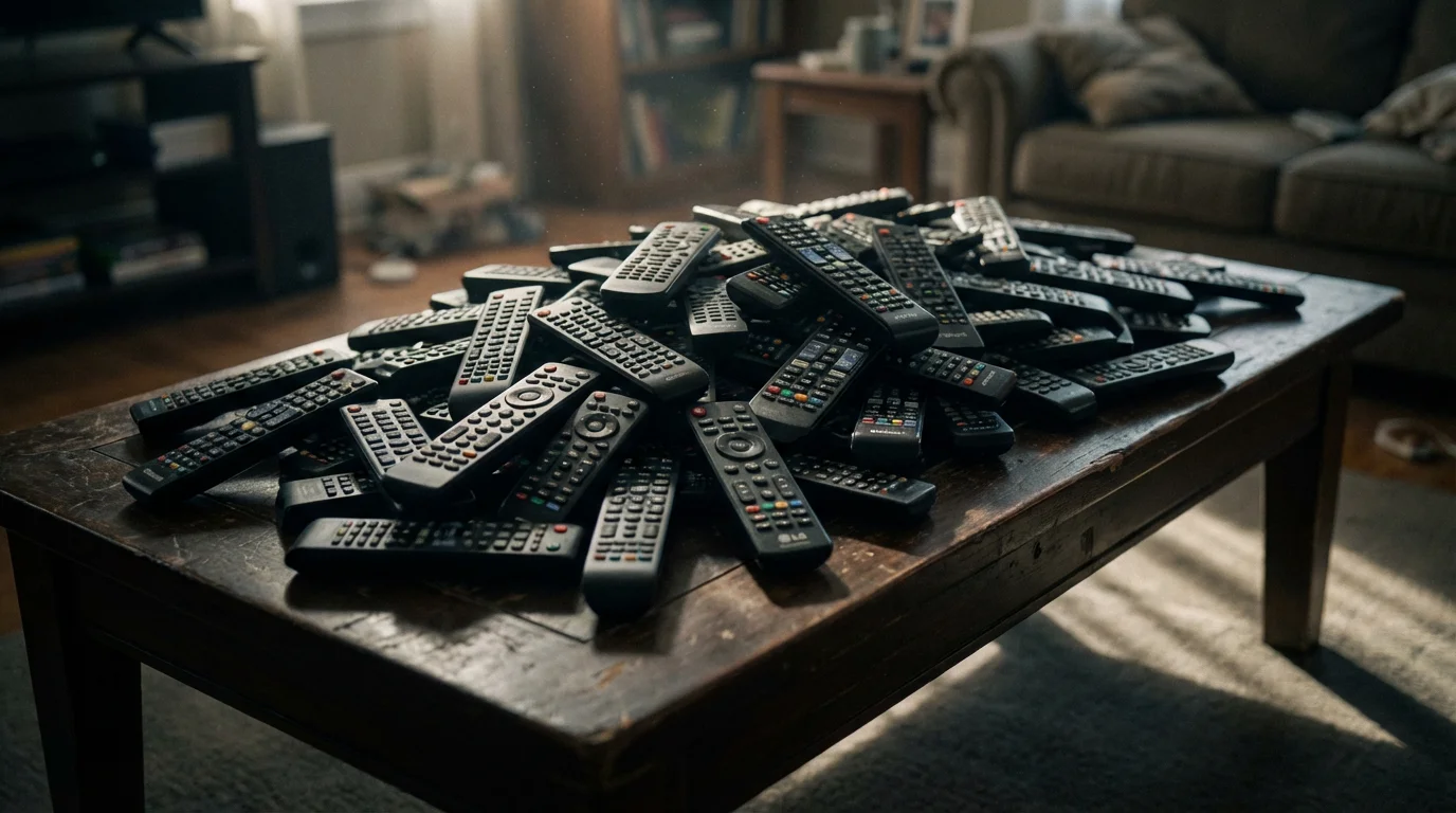 A low angle view of a large, messy pile of TV streaming remotes.