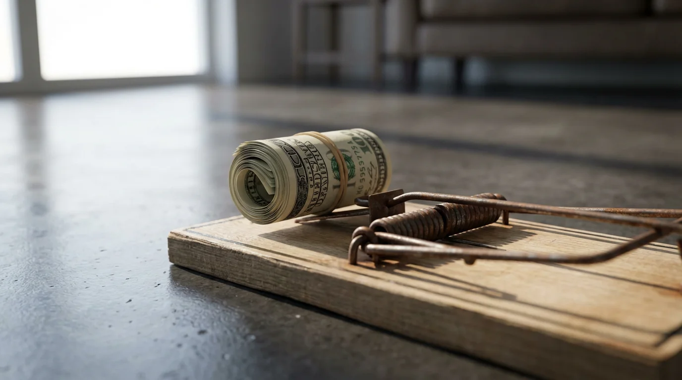 A low angle view of a mousetrap baited with a roll of cash, symbolizing financial traps.