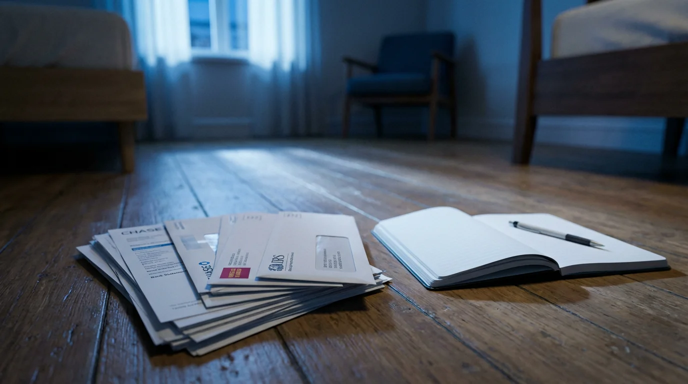 A low angle view of financial papers and a notebook on a floor during blue hour.