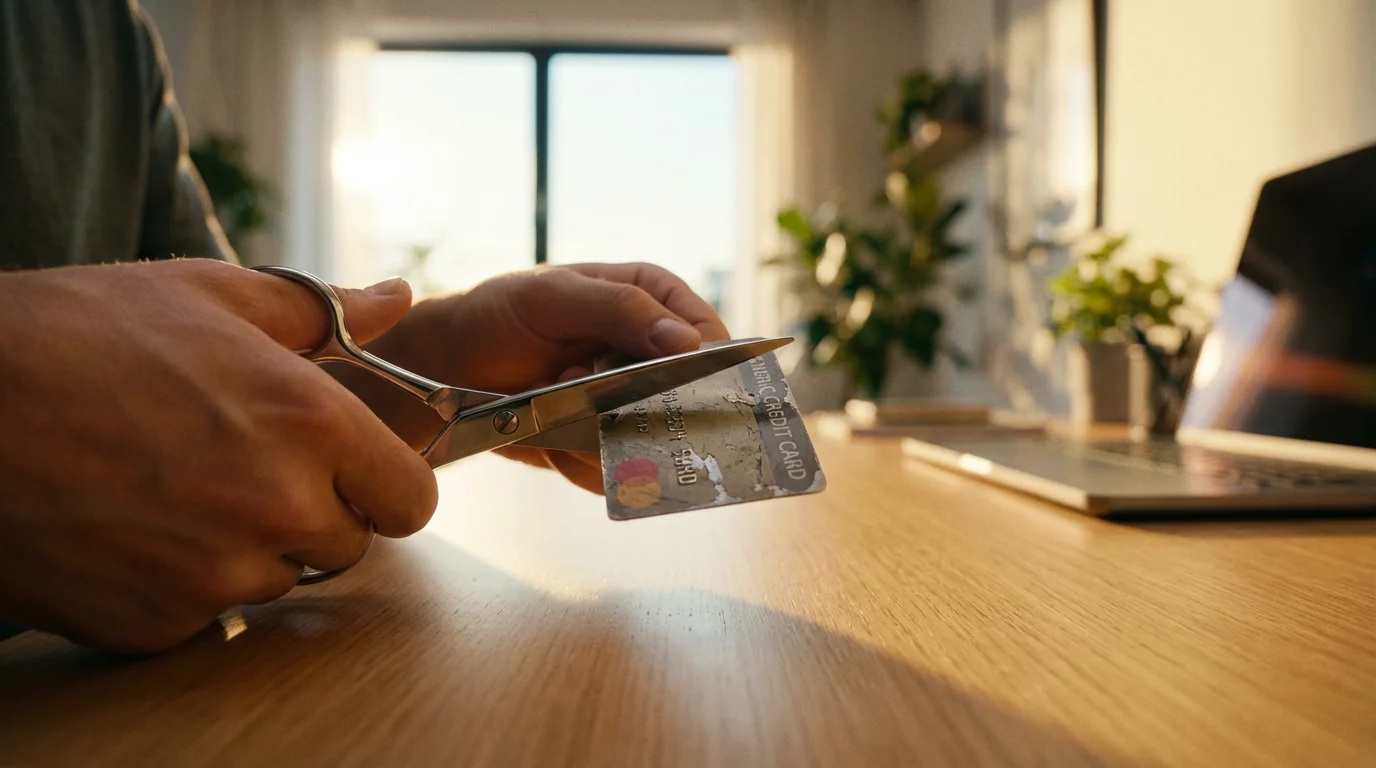 A low angle view of hands cutting a credit card with scissors during golden hour.