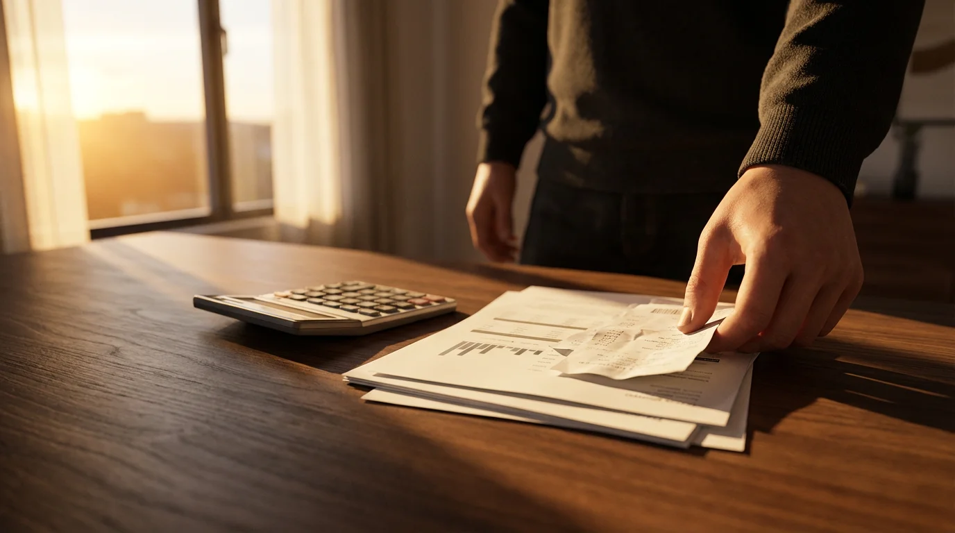 A low angle view of hands organizing financial papers on a desk at sunset.