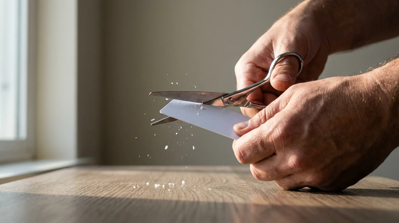 A low angle view of hands using scissors to cut a plastic credit card in half.