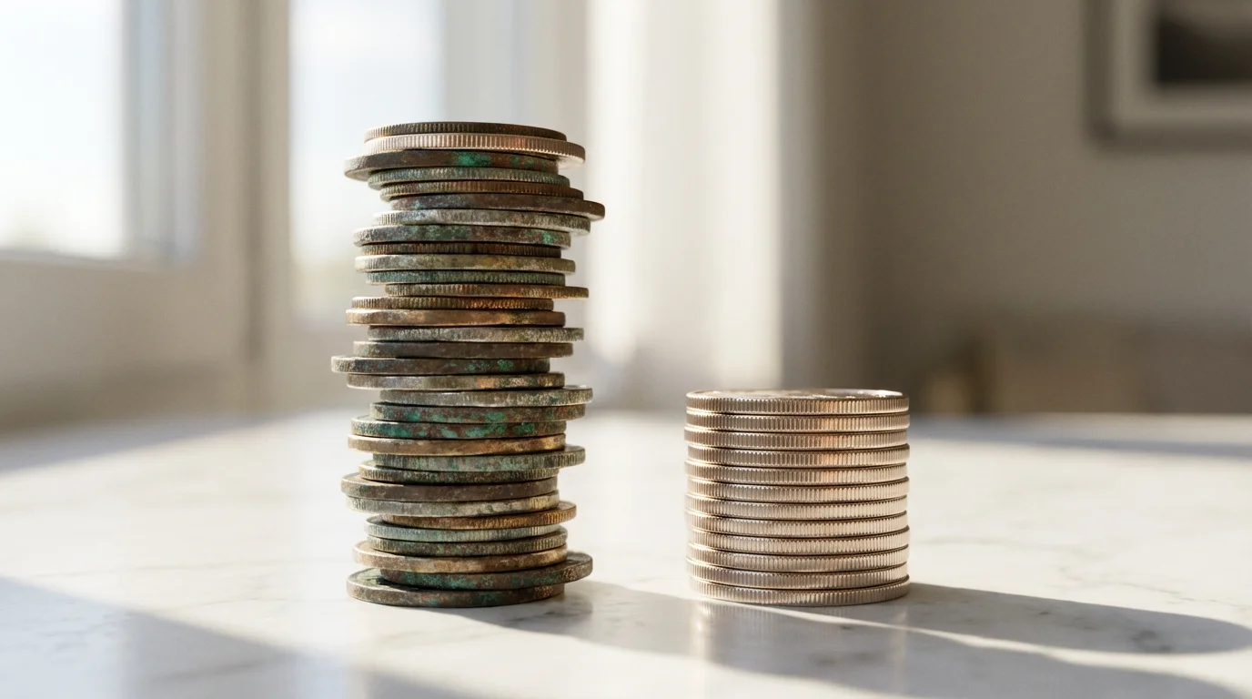 A macro photograph comparing a tall, messy stack of coins to a short, neat one.