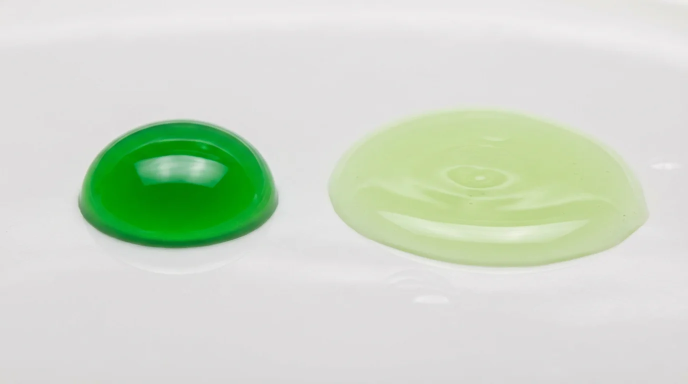 A macro photograph comparing a thick, concentrated drop and a thin, watery drop of dish soap.