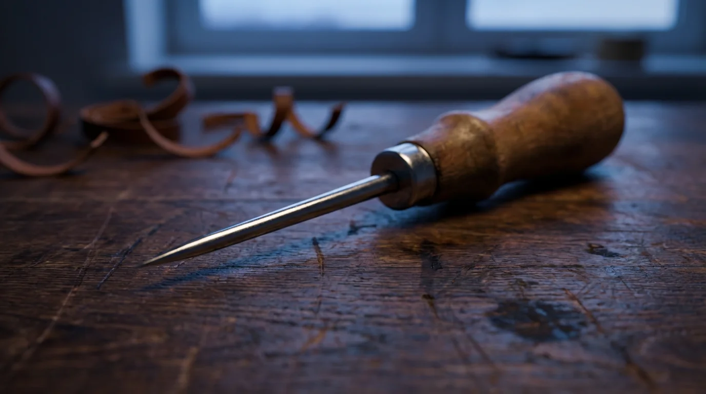 A macro photograph of a leatherworking tool on a wooden workbench at dusk.