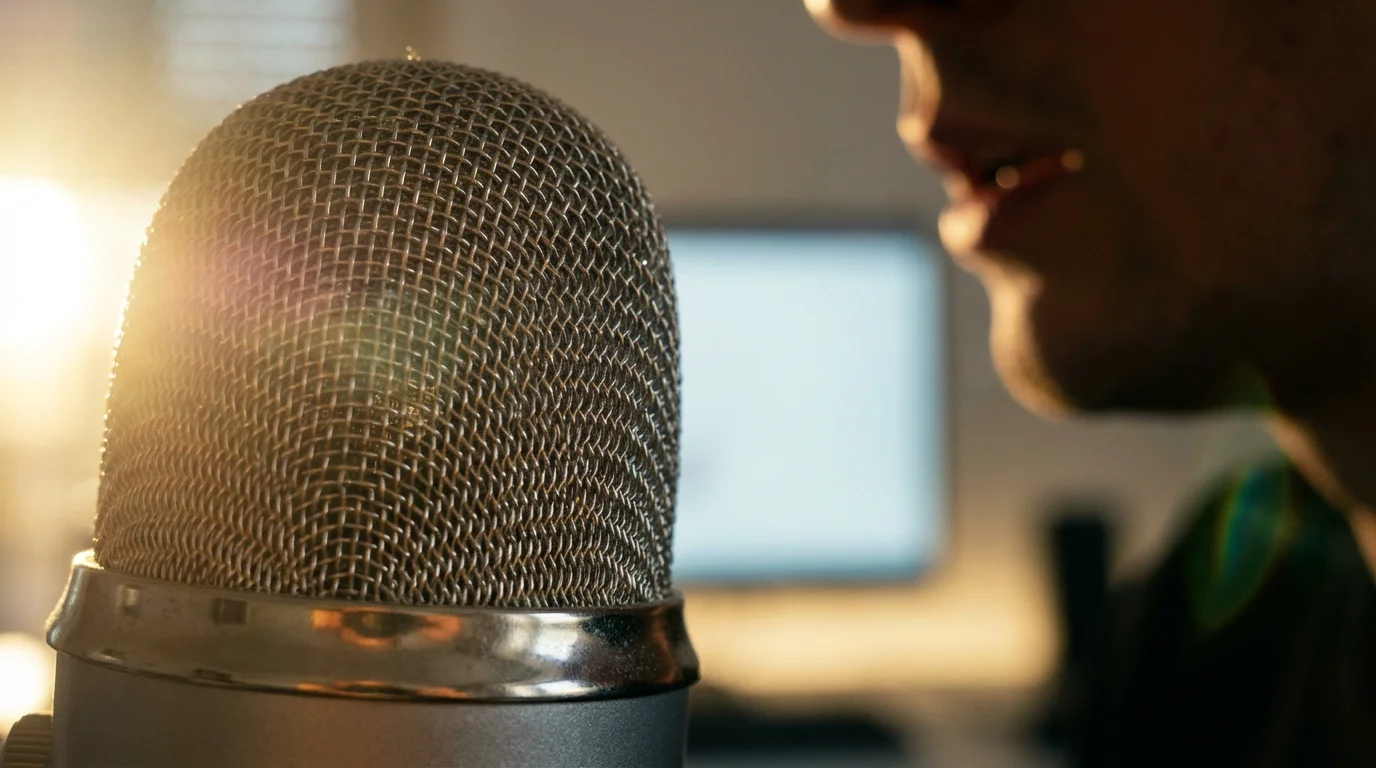 A macro photograph of a modern microphone with a person speaking in the background.