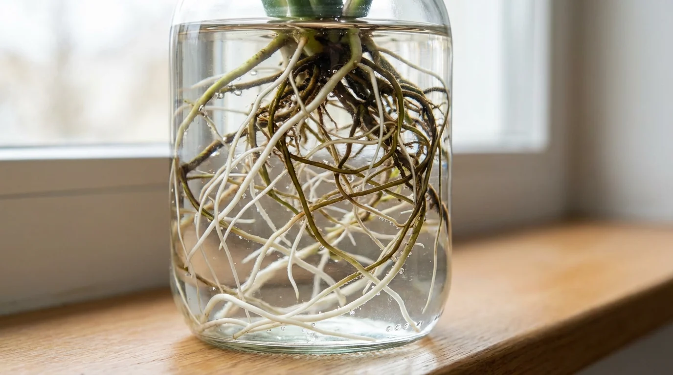 A macro photograph of intertwined plant roots, both healthy and tangled, in a glass jar.
