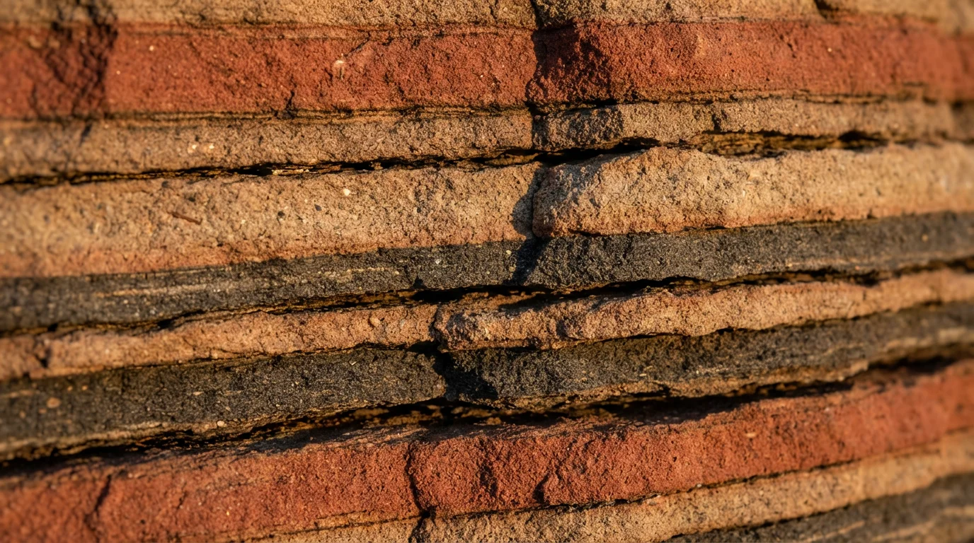 A macro photograph of sedimentary rock layers illuminated by warm, golden hour sunlight.