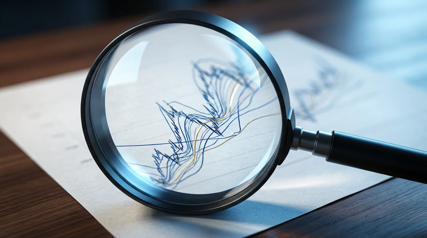 A magnifying glass held over a complex, abstract financial graph on a dark desk.
