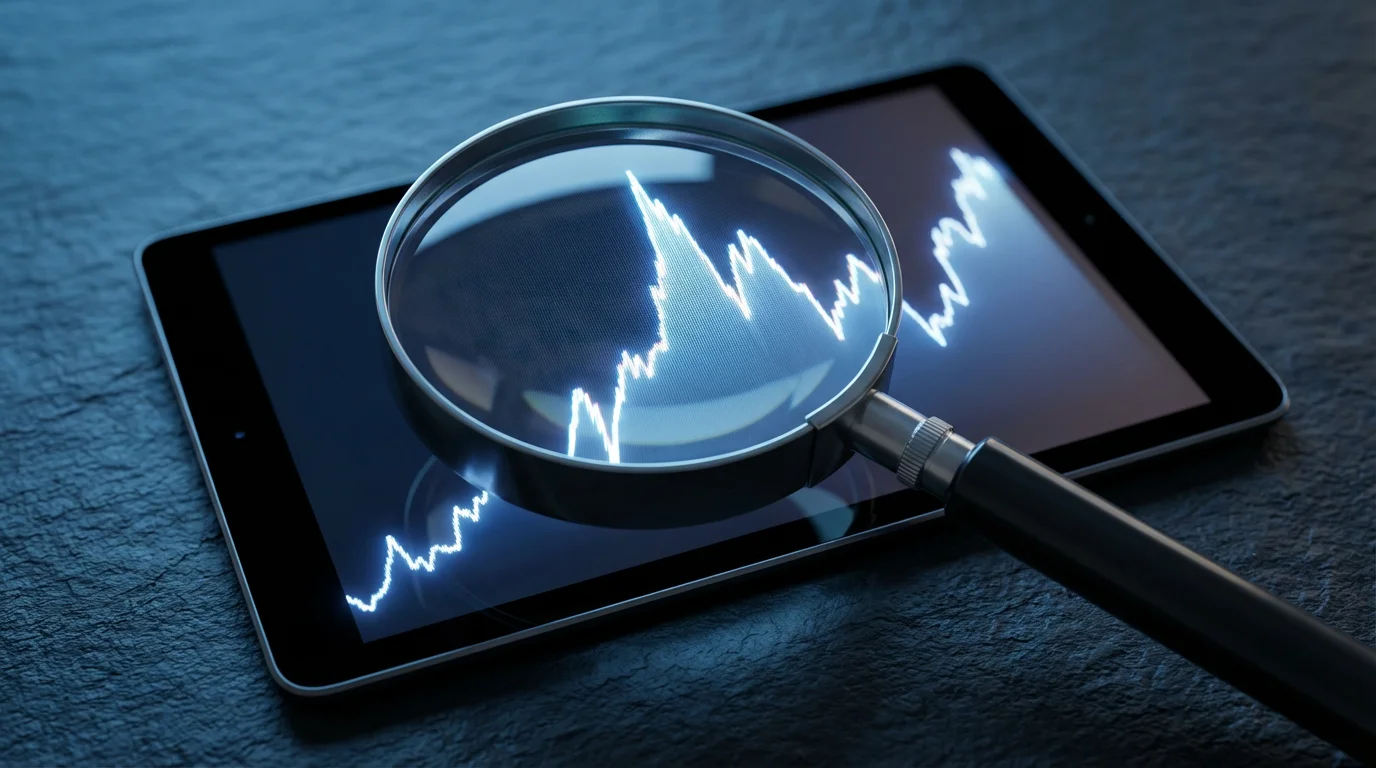 A magnifying glass held over a tablet showing an abstract price history line graph.