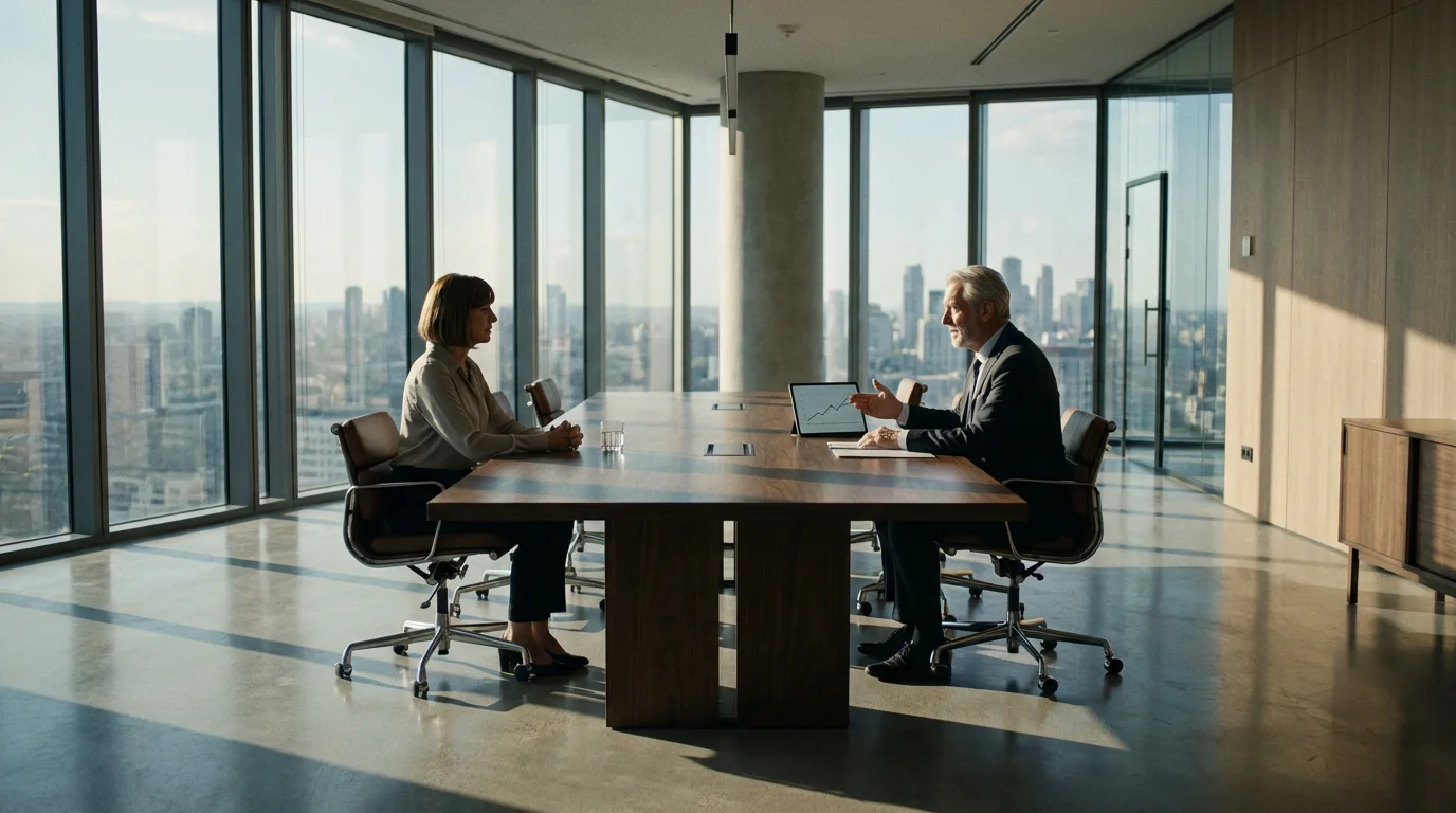 A man and woman having a serious financial consultation in a modern high-rise office.
