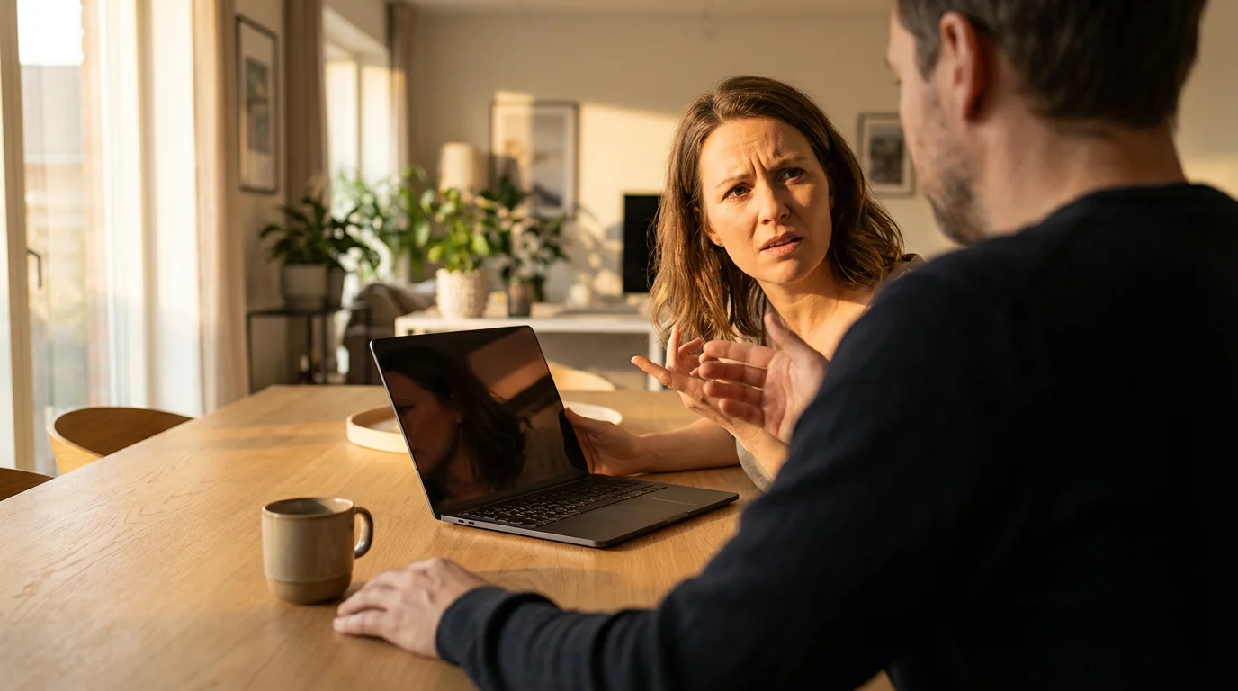 A man and woman looking stressed while discussing finances over a laptop at a dining table.