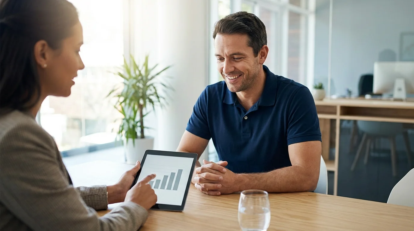 A man at a desk gets financial advice from a professional pointing to a tablet.