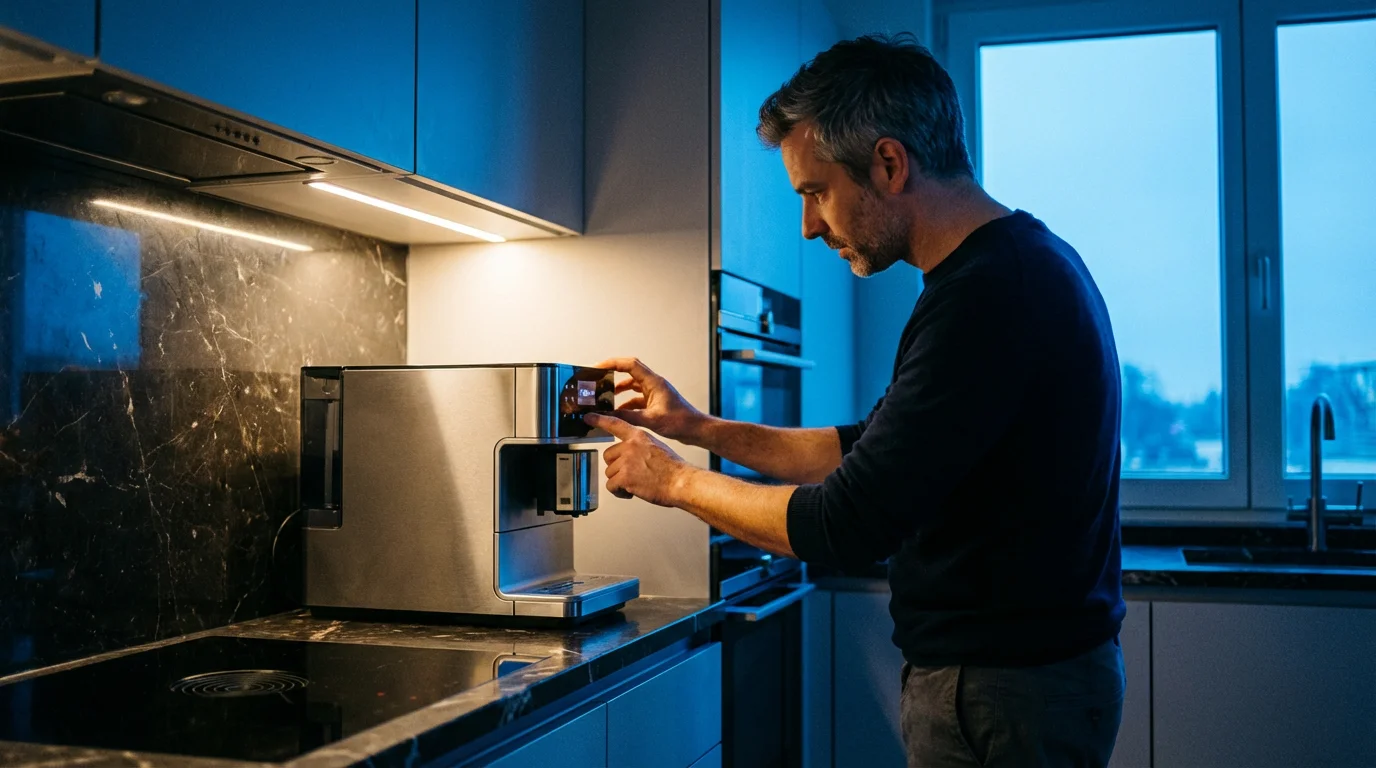 A man in a modern kitchen at dusk sets a coffee maker timer for morning.