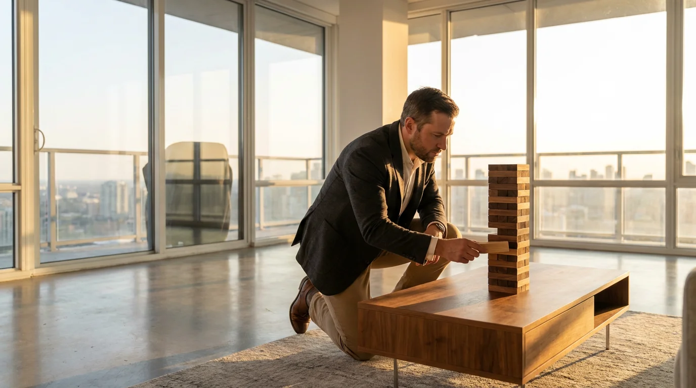 A man in a modern living room at sunset carefully removing a block from a stack.