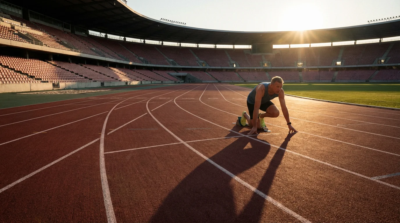 A man in his 50s crouches at the starting line of an empty running track.